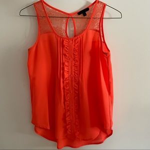 Neon orange ruffle front tank top
